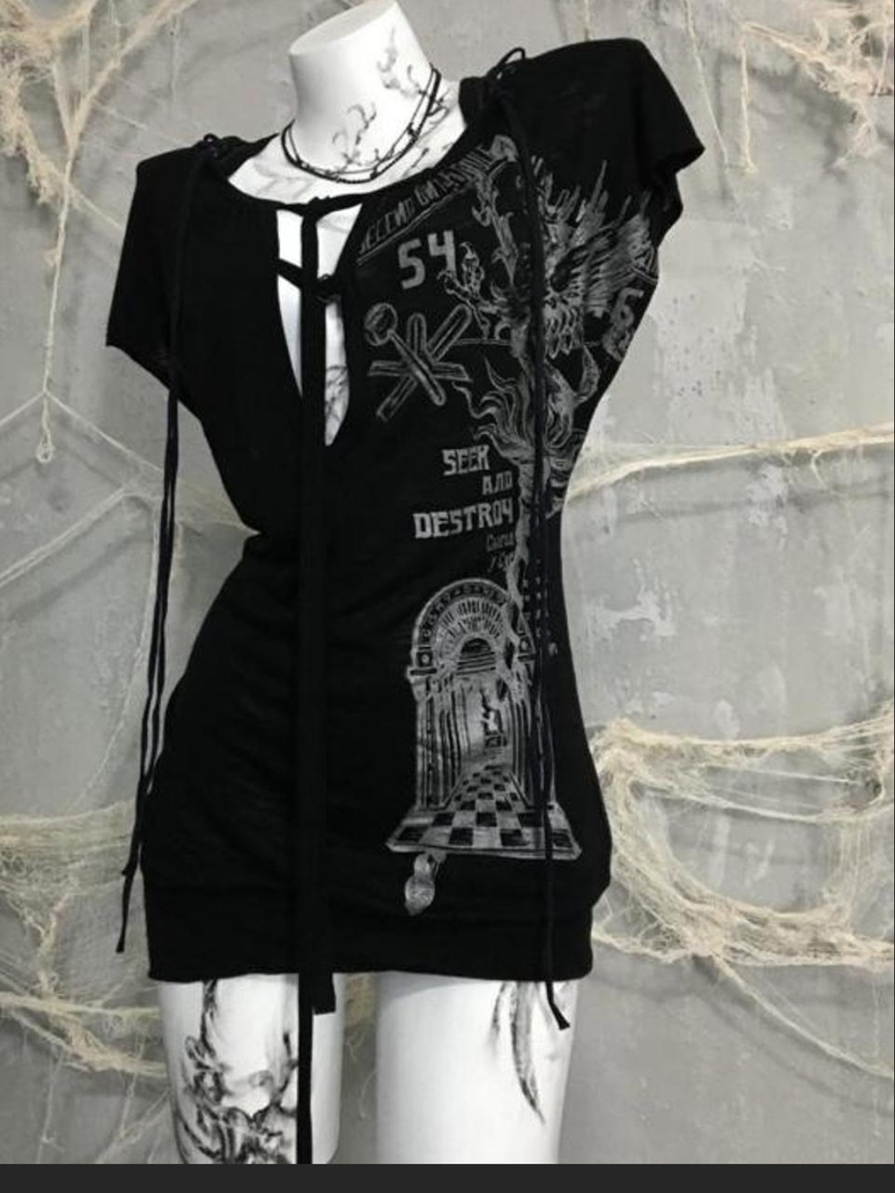 NWOT Salvage Rare Htf 'Seek And Destroy' Mesh Grapic Lace-Up Mini Dress. M